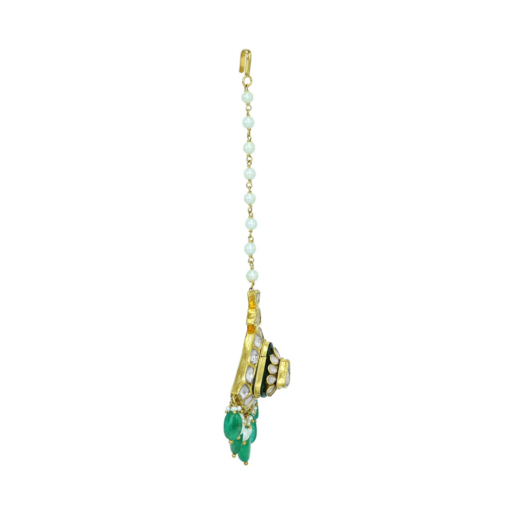 Triangular Polki Mangtikka with Emerald and Pearls